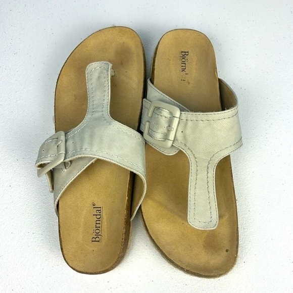 Bjorndal Penelope Gray Canvas Sandals Slip On Espadrille Flip Flops Buckle Shoes - Picture 1 of 9